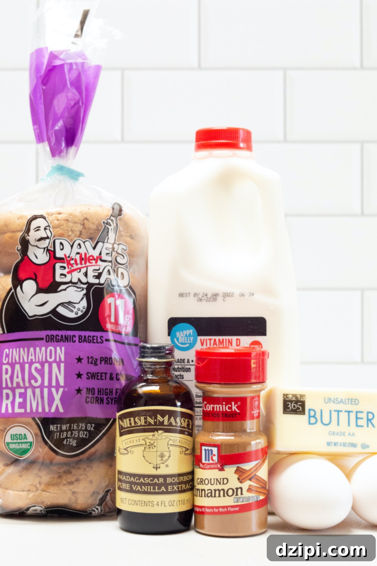 Maple Glazed French Toast Bagel 4 All the ingredients to make french toast bagels - bagels, vanilla extract, milk, cinnamon, eggs, butter.