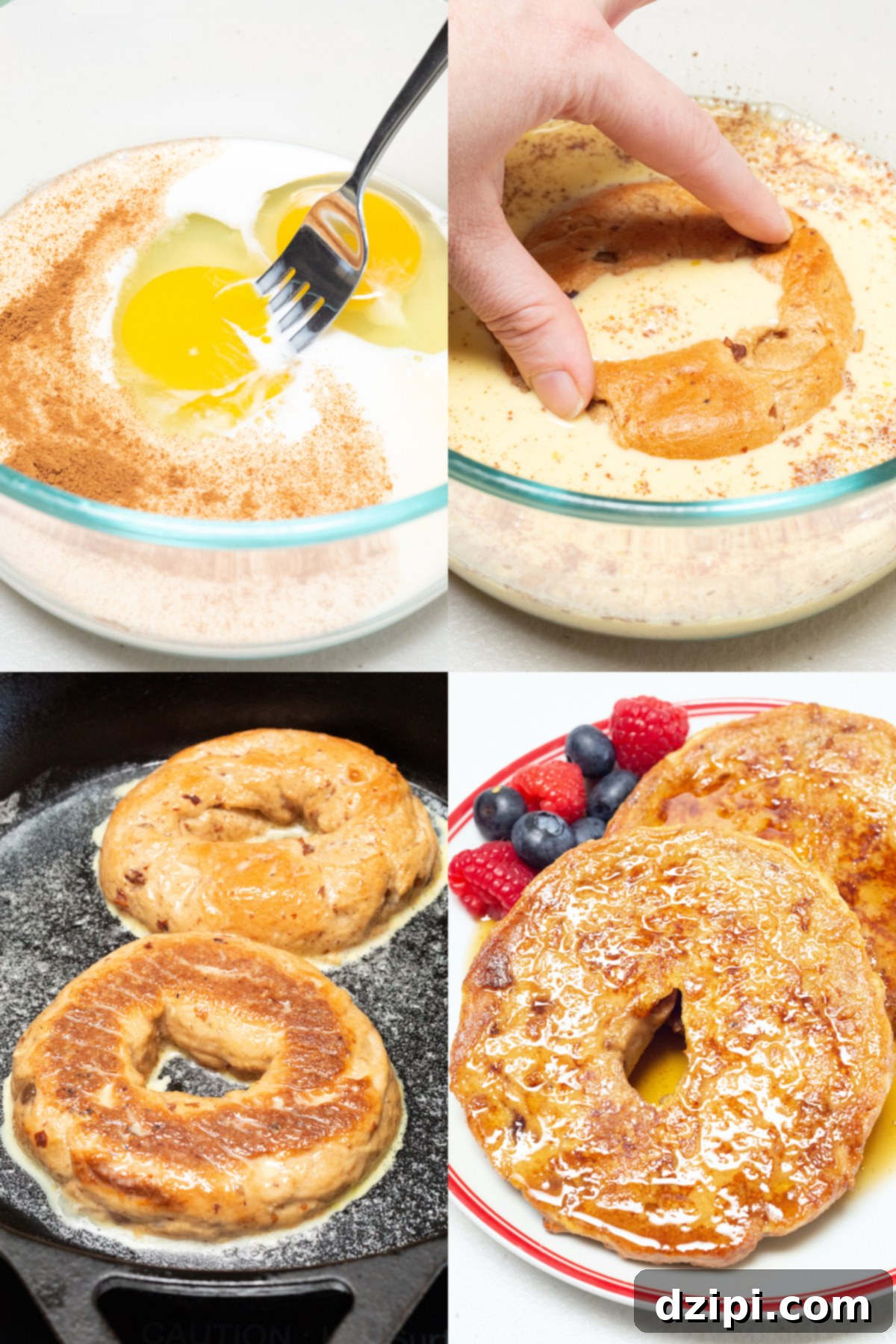 Maple Glazed French Toast Bagel 5 A four image collage showing how to make french toast bagels 1 - combine ingredients in bowl, 2 - dip bagels in bowl, 3 - sear in a pan with butter, 4 - plate with berries and syrup.