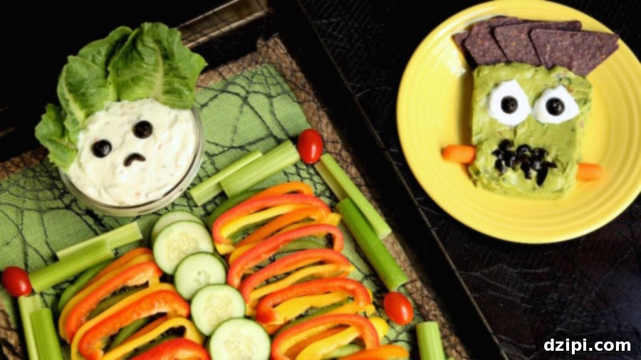 A vibrant Halloween spread featuring a skeleton-shaped vegetable platter and a Frankenstein guacamole dip, perfect for a themed party.