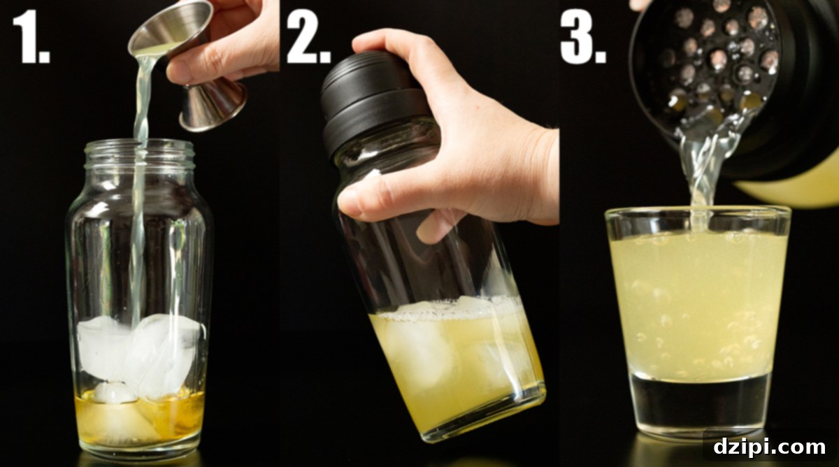 A clear photo collage showcasing the three essential steps to making Green Tea Shots: mixing ingredients in a cocktail shaker, vigorously shaking, and neatly straining into shot glasses.