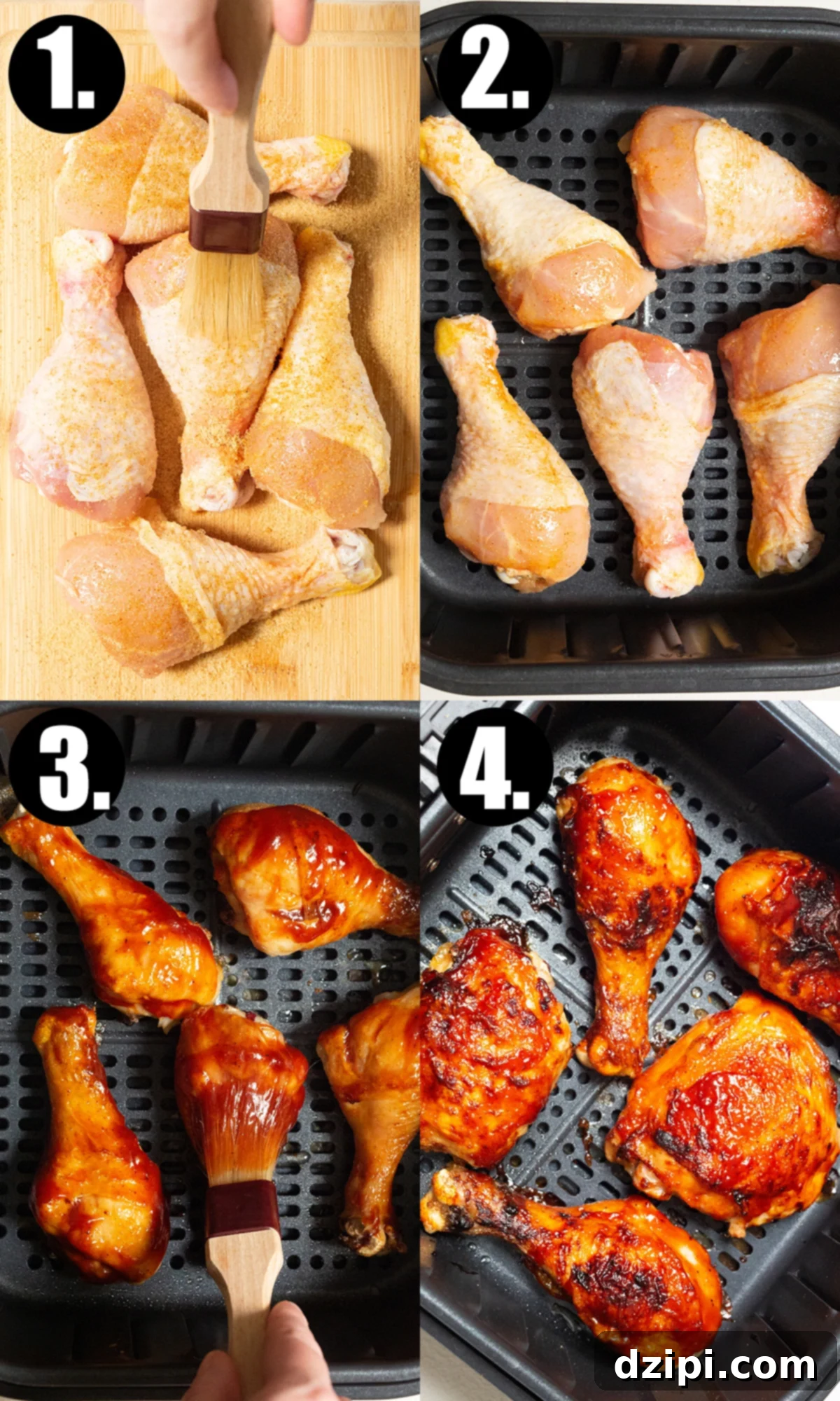 A four-panel collage illustrating the preparation of air fryer BBQ chicken: seasoning, air frying, basting with sauce, and final cooking.