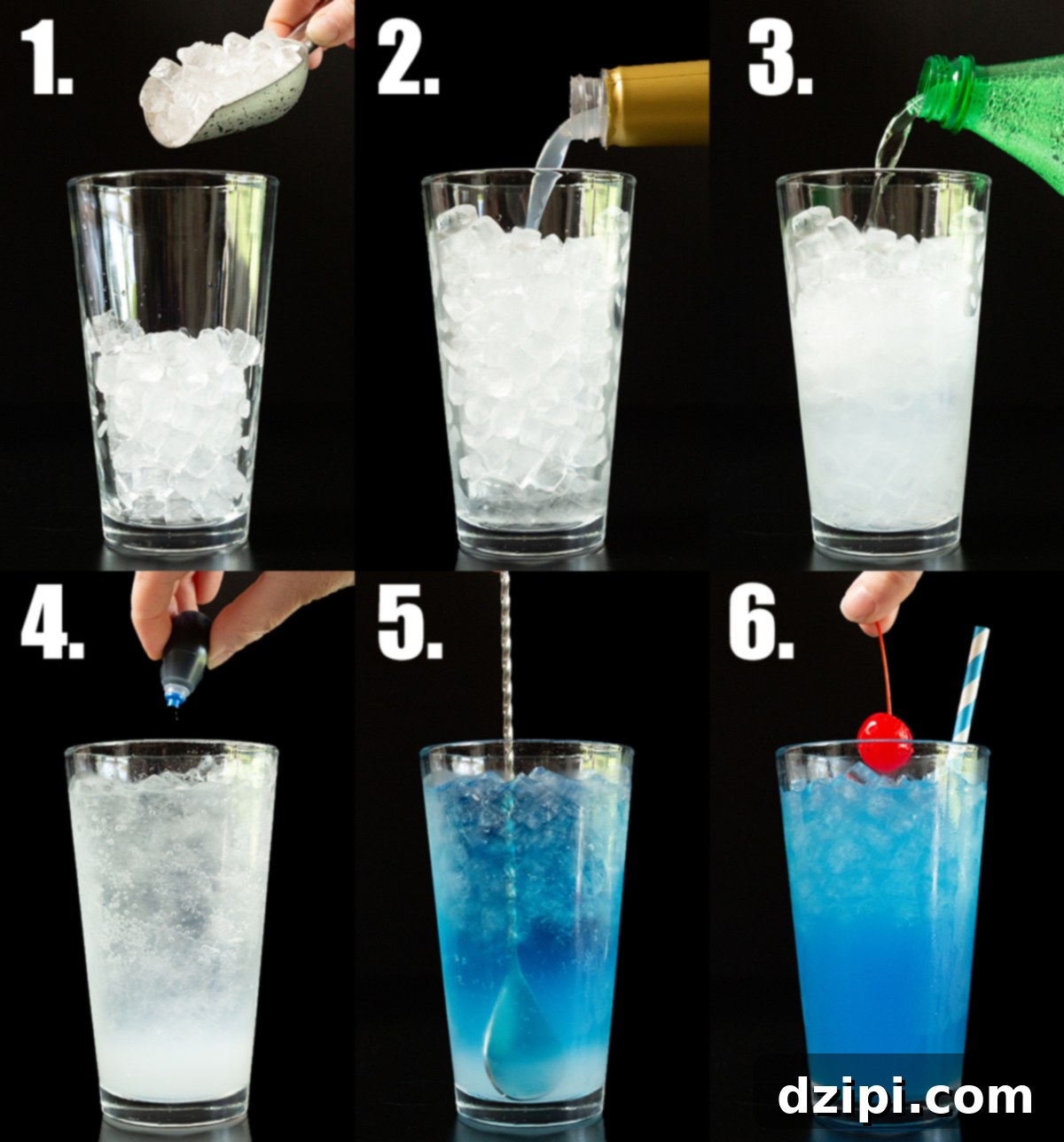 The Endless Blue 4 Step-by-step assembly of Sonic Ocean Water: filling glass with ice, adding syrup, soda, and food coloring.