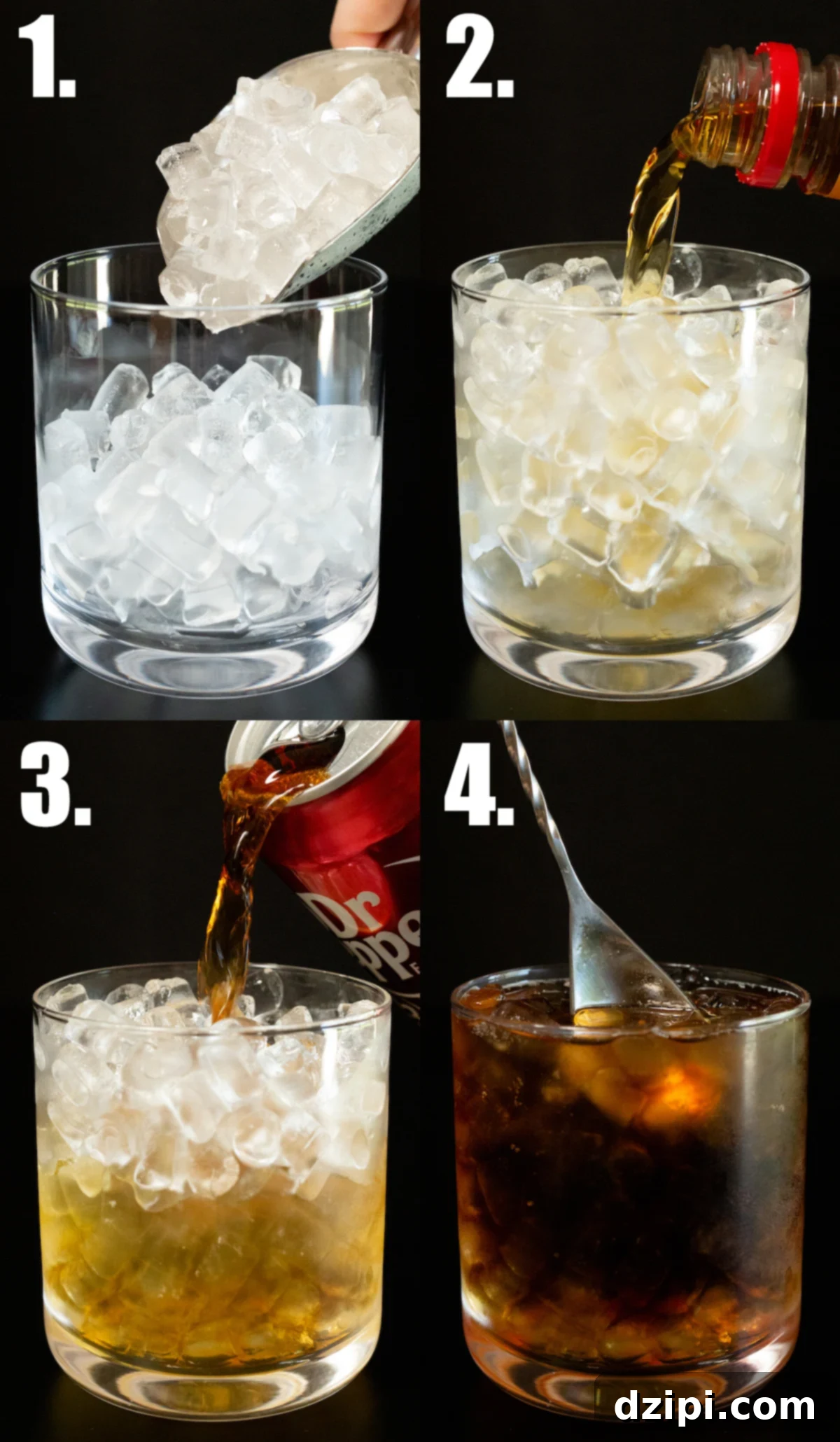 A photo collage showing the four easy steps to make a Fireball Dr. Pepper cocktail.