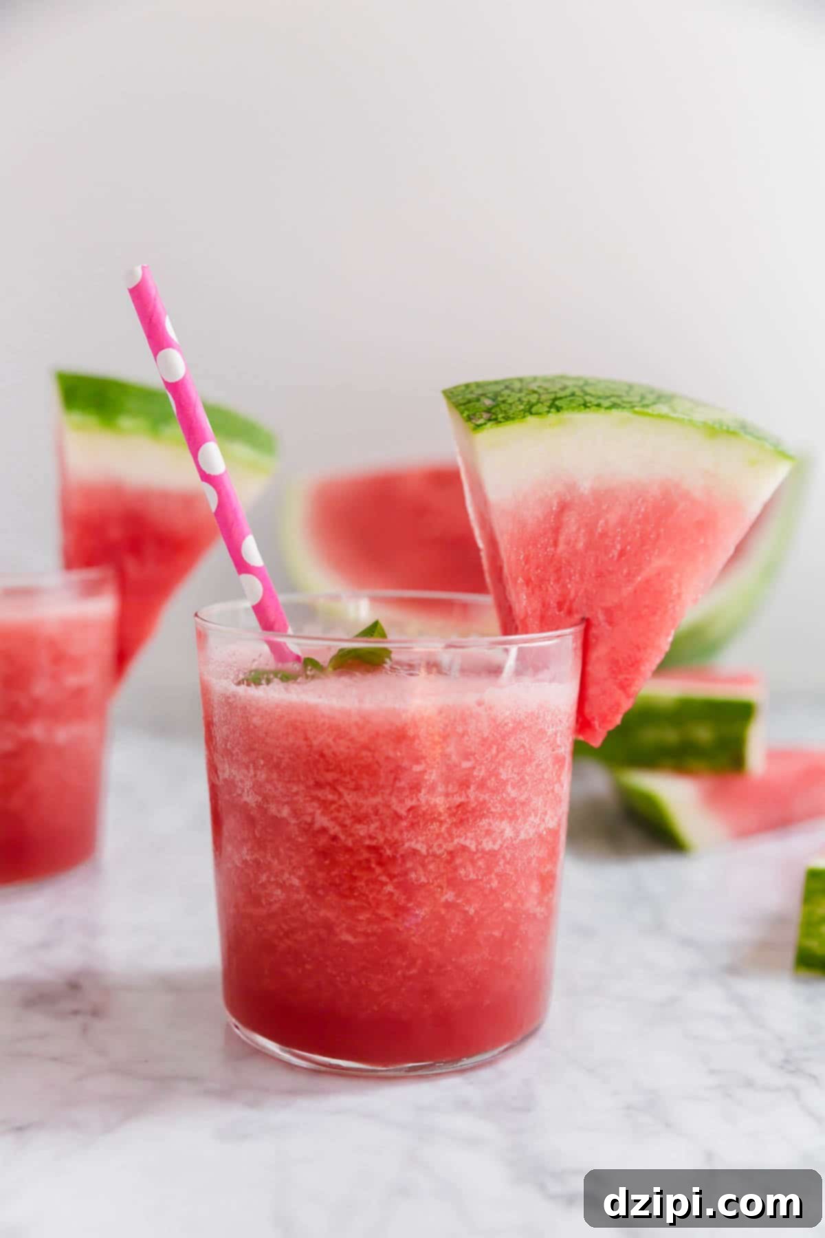 A short glass filled with a beautiful Watermelon Frosé, garnished with a fresh watermelon slice.