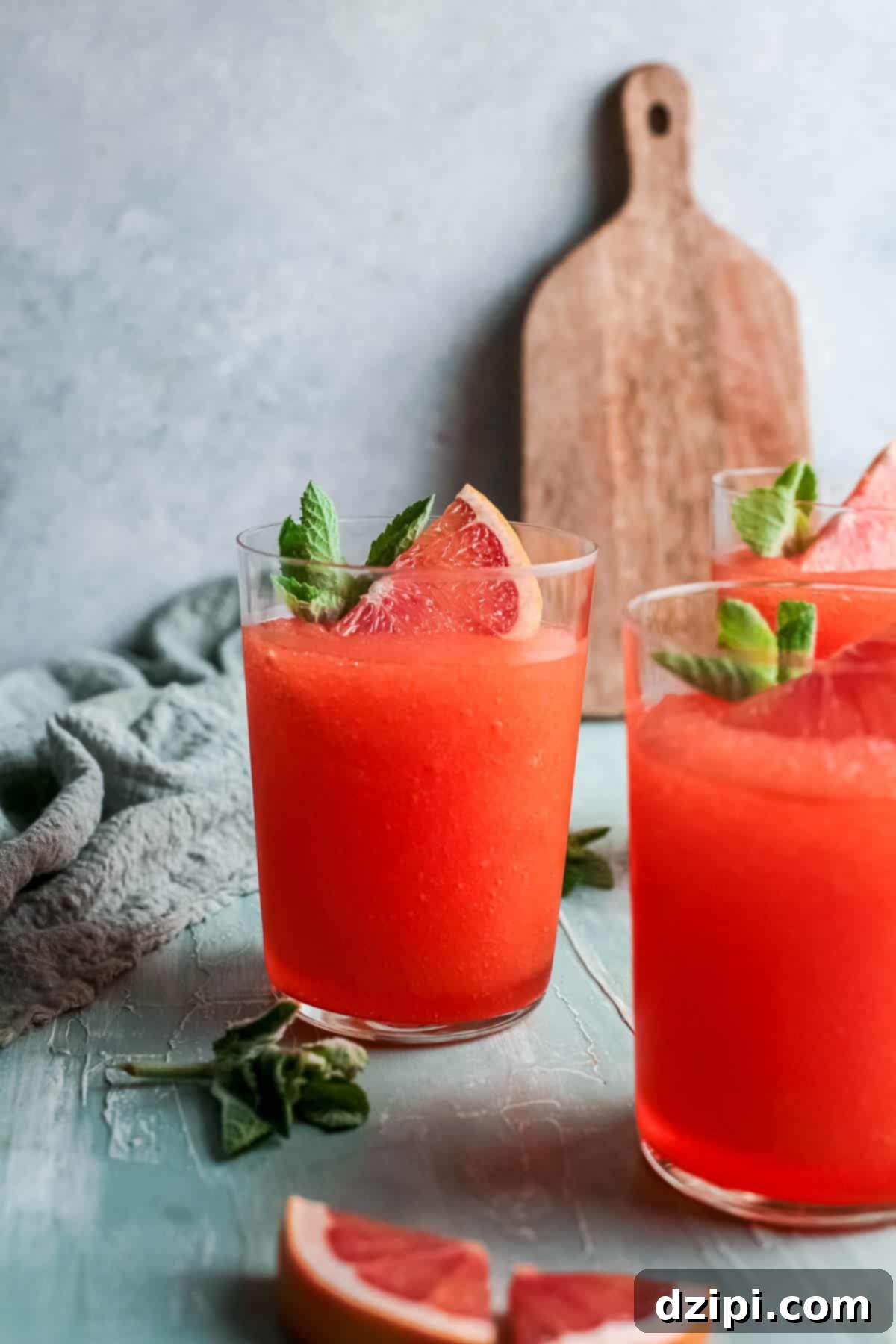 Three glasses of frozen Aperol Spritz garnished with vibrant grapefruit and fresh mint, ideal for cooling down.