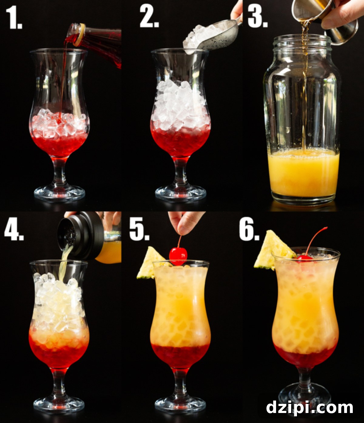 A photo collage showing six sequential steps to prepare a Bahama Momma cocktail, from adding ice and grenadine to shaking and garnishing.