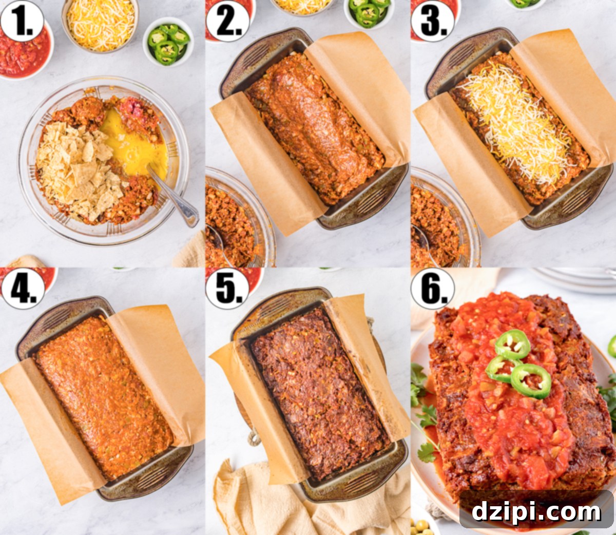 Fiesta Meatloaf 5 A visual collage showing the six essential steps to prepare a delicious Mexican meatloaf, from mixing ingredients to final presentation.