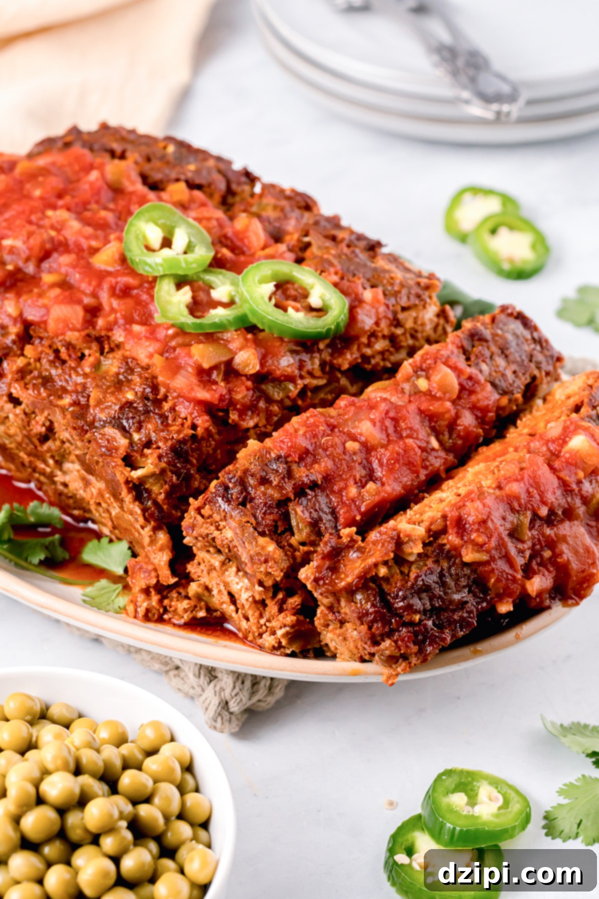 Fiesta Meatloaf 6 Beautifully sliced Mexican meatloaf on a serving dish, highlighting its vibrant toppings and inviting texture.