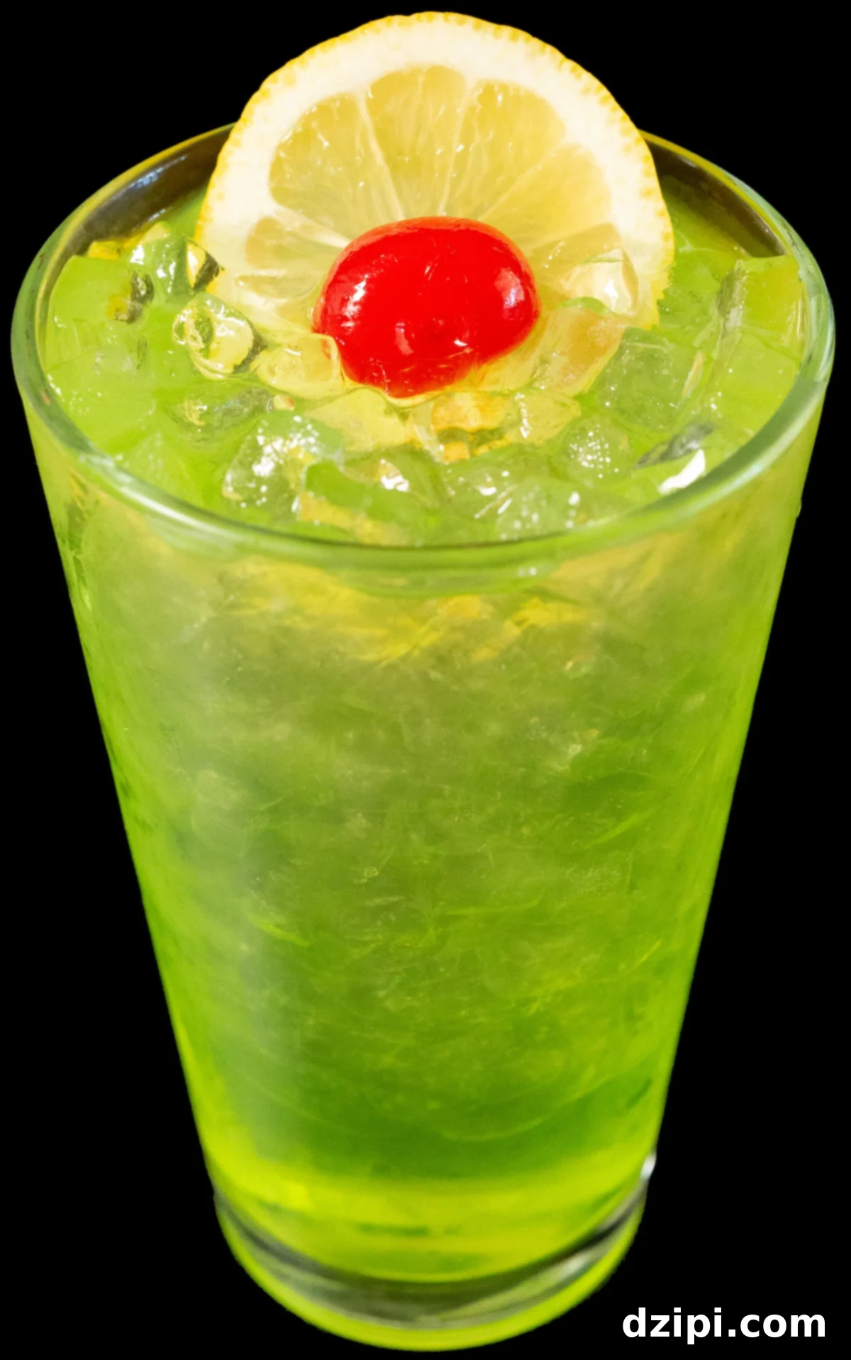 A pint glass filled with a neon green Tokyo Iced Tea cocktail garnished with a lemon wheel and maraschino cherry.