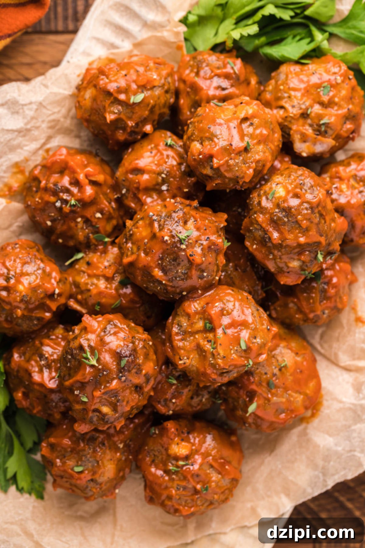 Hearty Bison Meatballs 2 A few dozen bison meatballs covered in BBQ sauce on brown paper.