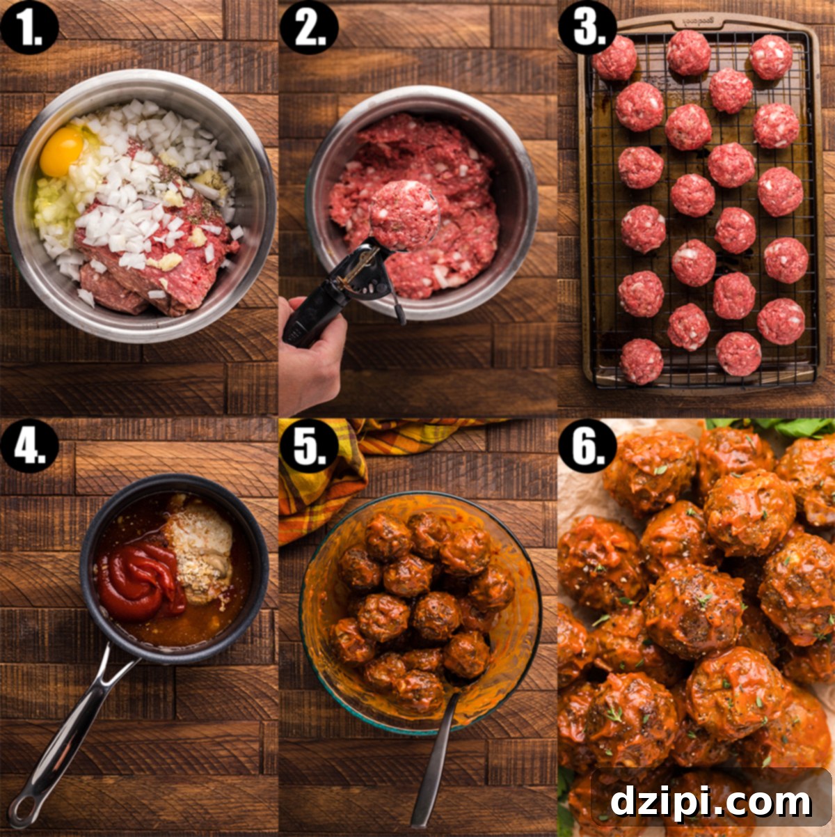 Hearty Bison Meatballs 5 Photo collage showing the six steps to making bison meatballs.
