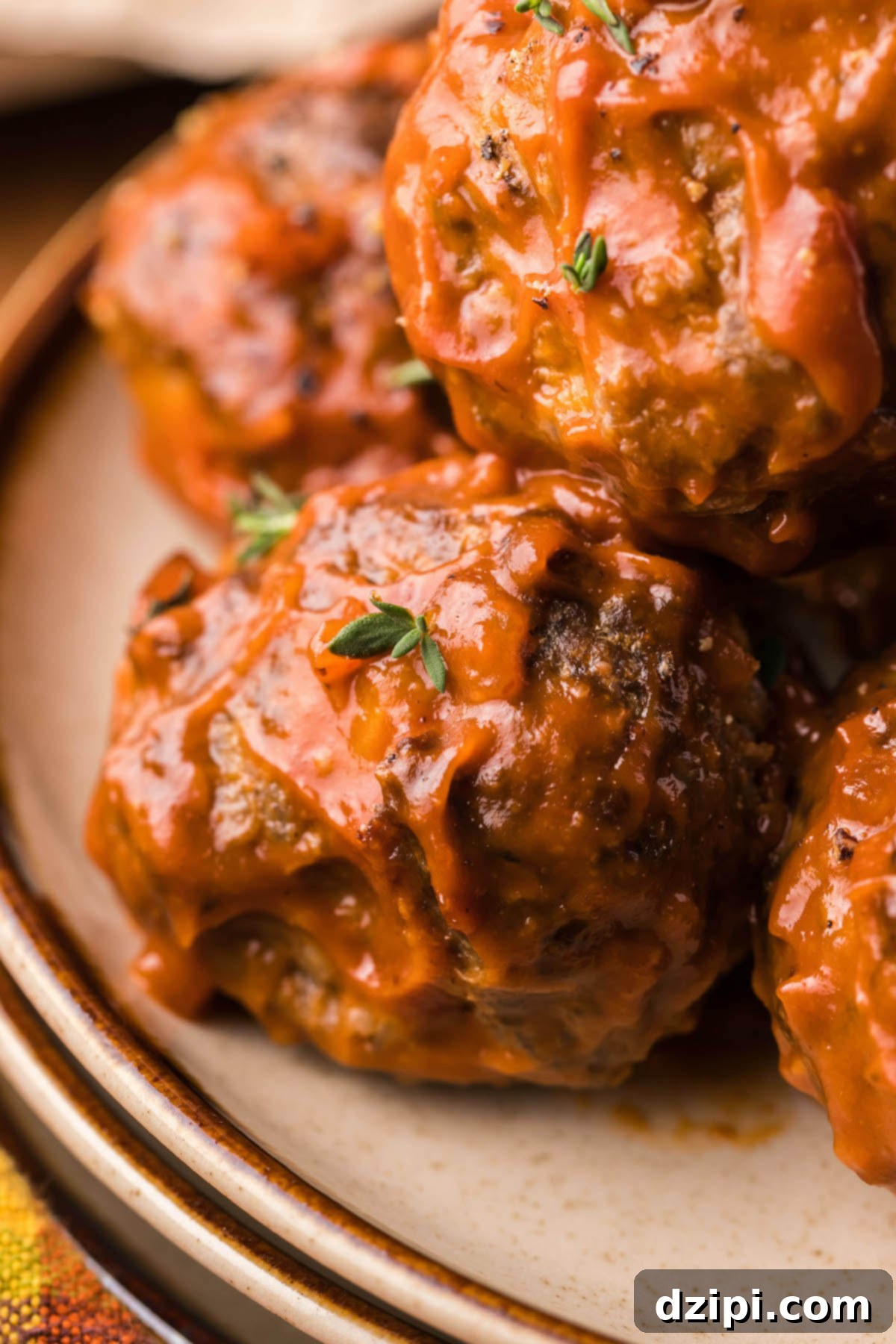 Hearty Bison Meatballs 6 Close up of four homemade bison meatballs on a dinner plate.