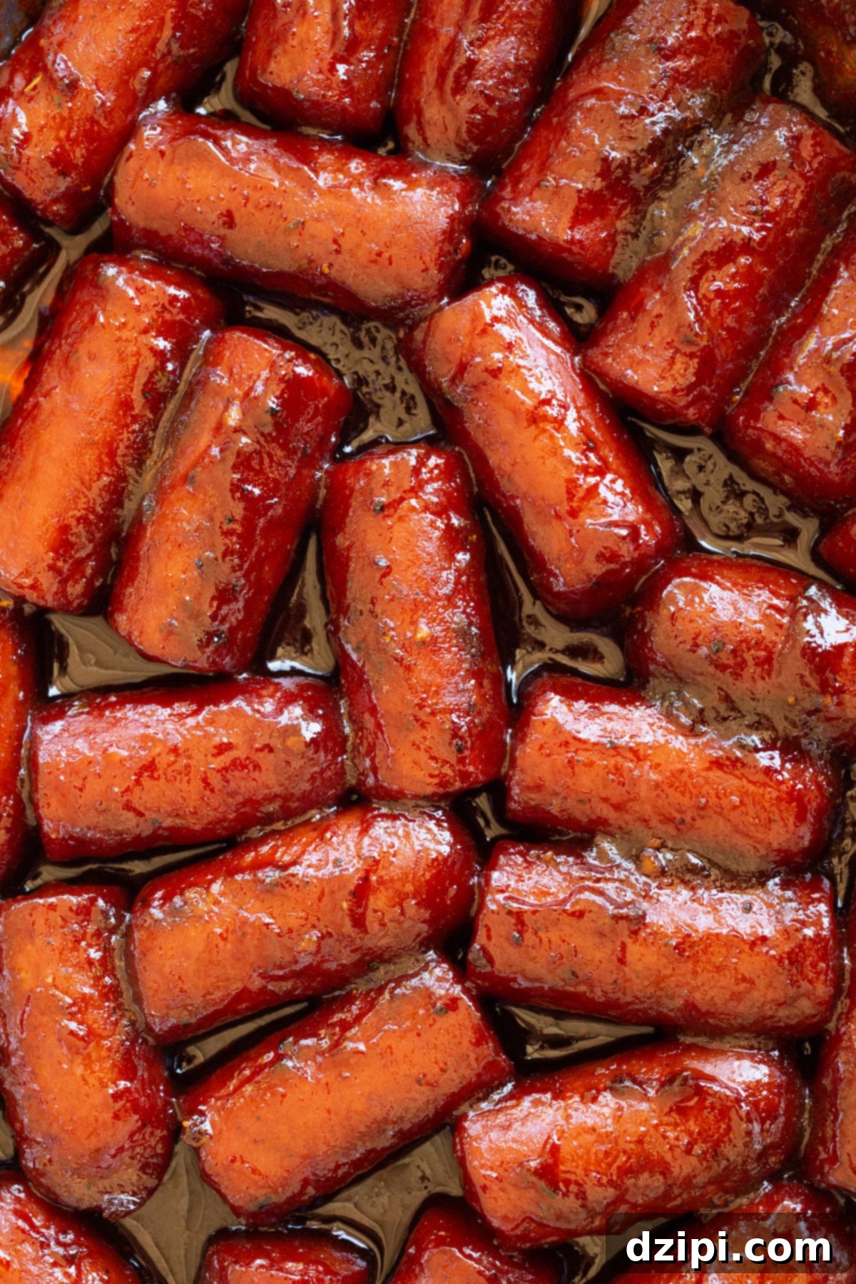 Close up of hot dog wieners cut into thirds and covered in a thick bbq sauce to make burnt ends.