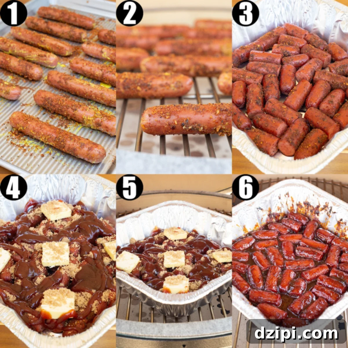 A six photo collage showing the steps to make hot dog burnt ends.