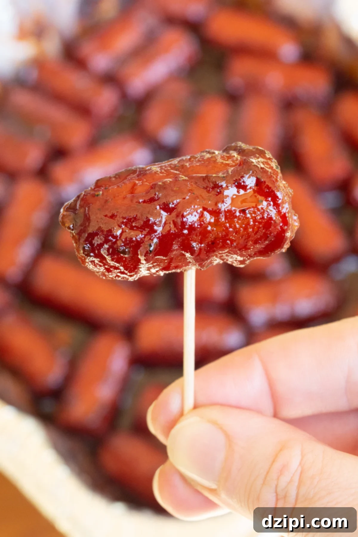A hand holds up a single hot dog burnt end on a toothpick. A disposable pan with the rest is out of focus in the background.