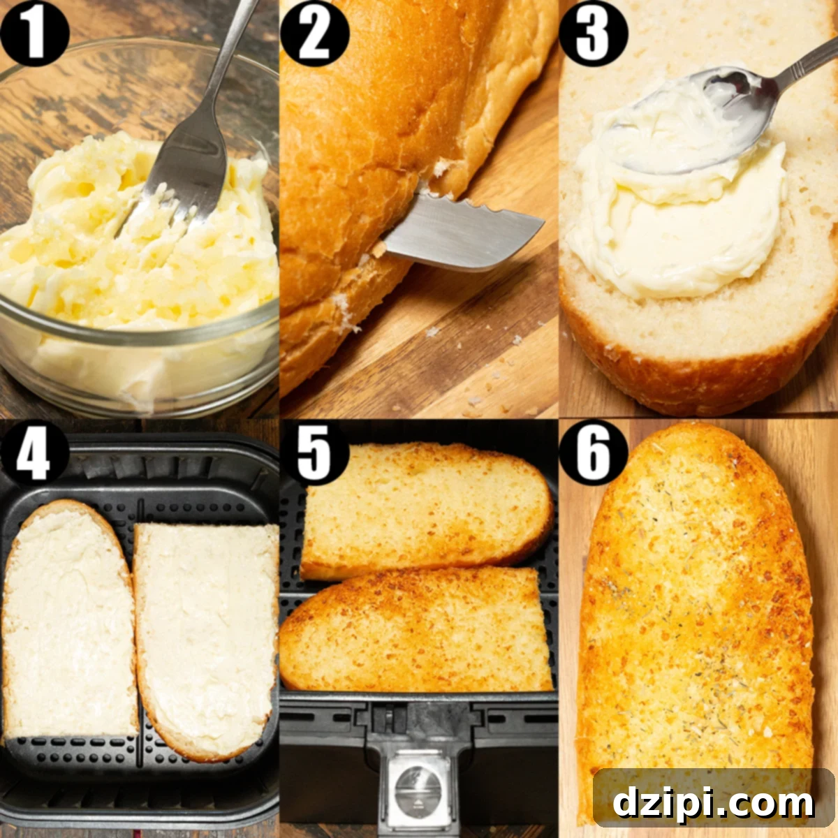 A six-photo collage illustrating the step-by-step process of making garlic bread in an air fryer.
