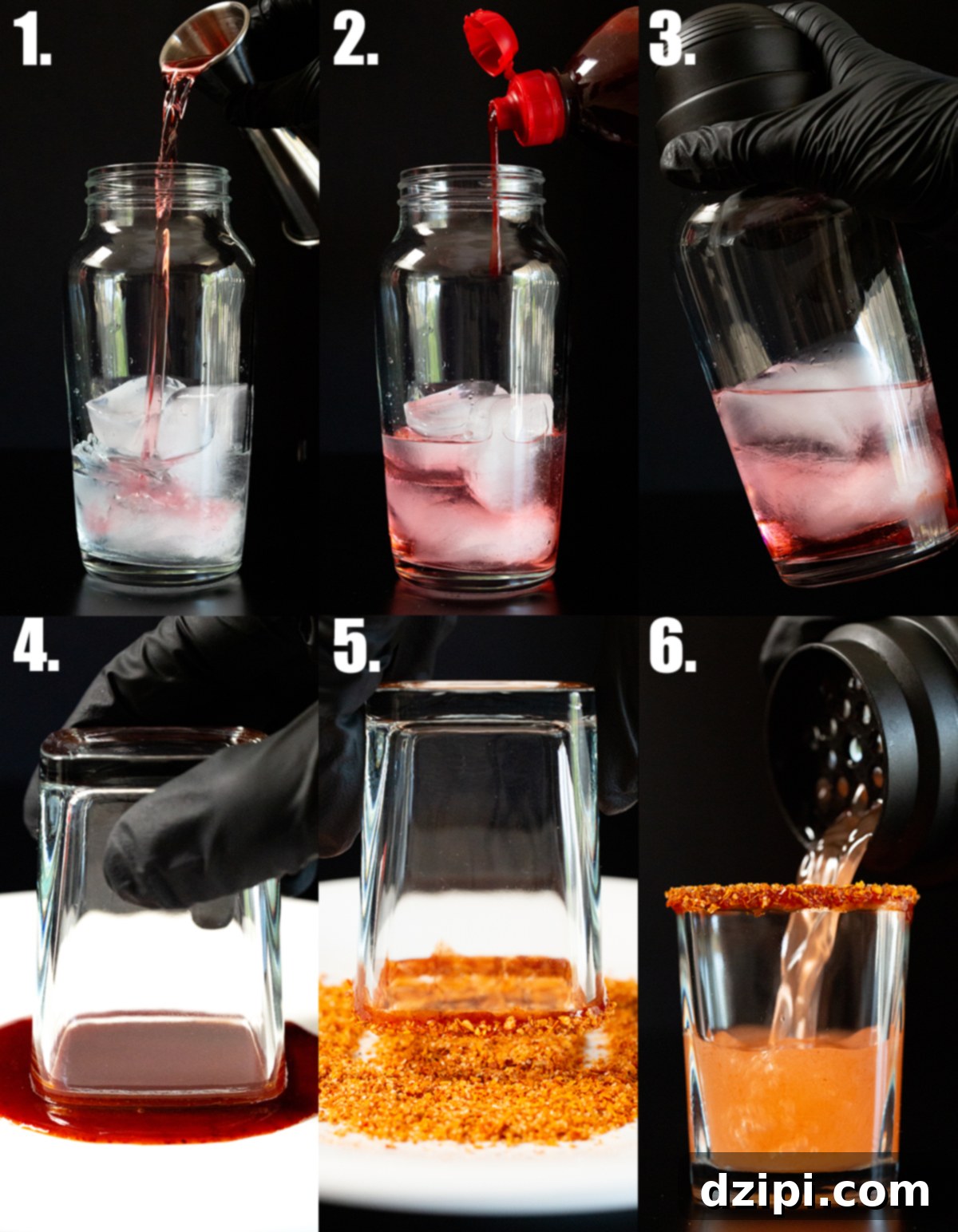 A photo collage showing the six steps to making a Mexican candy shot.