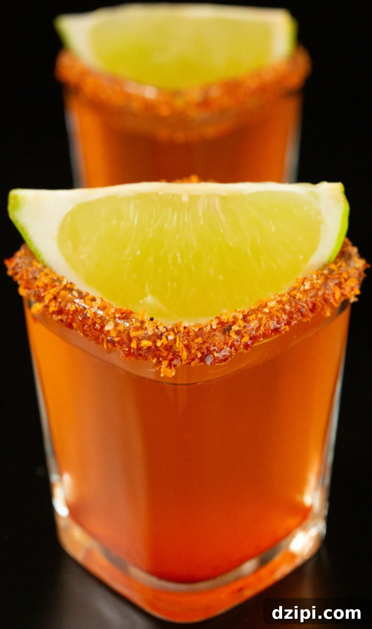 Two square shot glasses filled with a pinkish-red Mexican Candy shot. There is a lime wedge garnish and a chili powder coated rim.