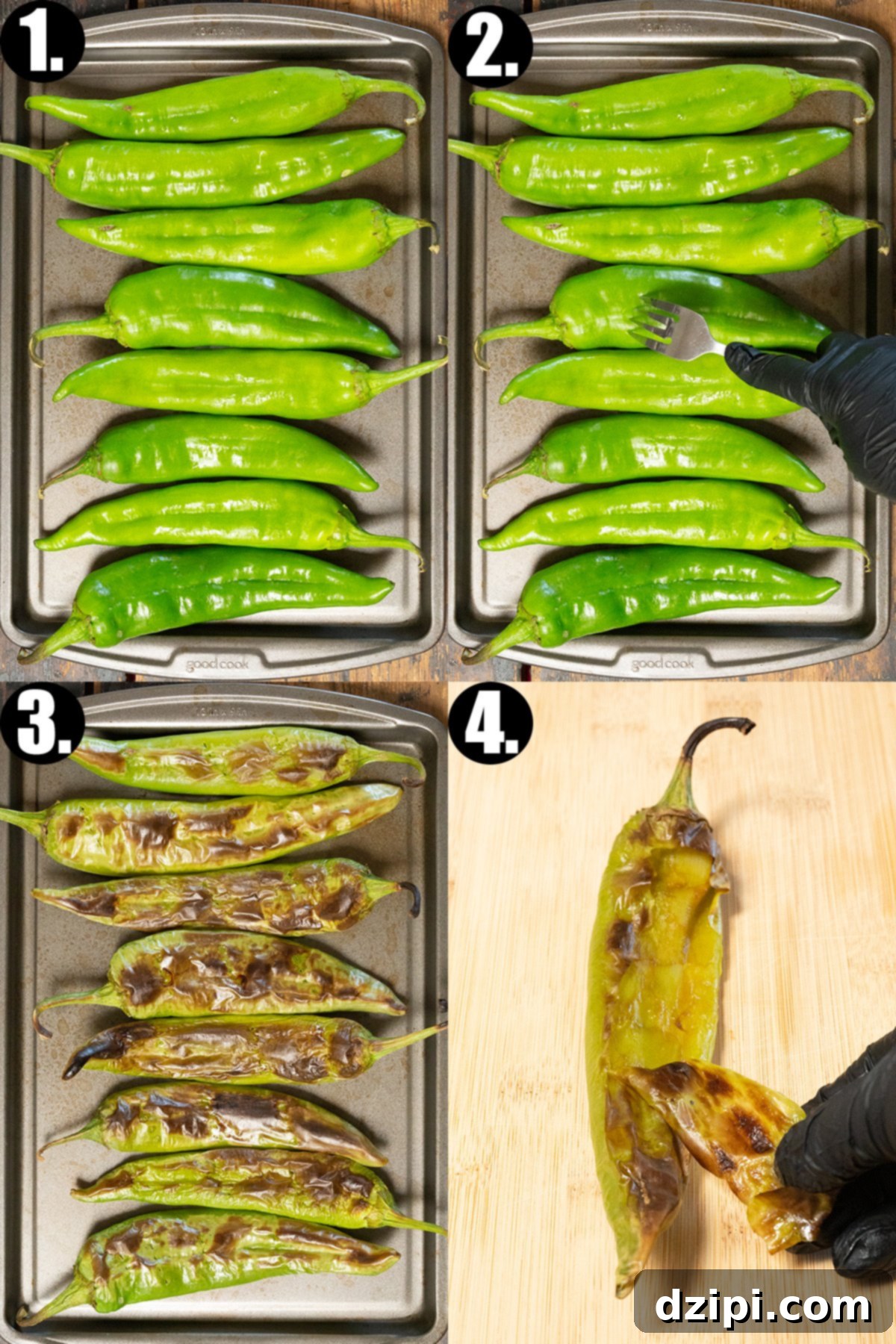 Charred Hatch Chiles 4 Raw Hatch Chiles laid out in a single layer on a metal baking sheet, ready for roasting.