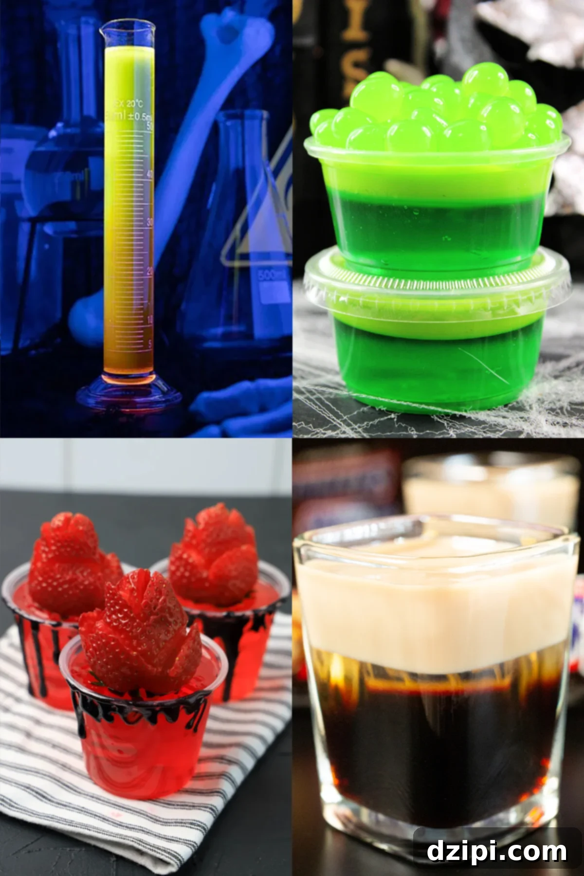 A four photo collage showing different Halloween shots, including jello shots, a test tube shot, and themed drinks.