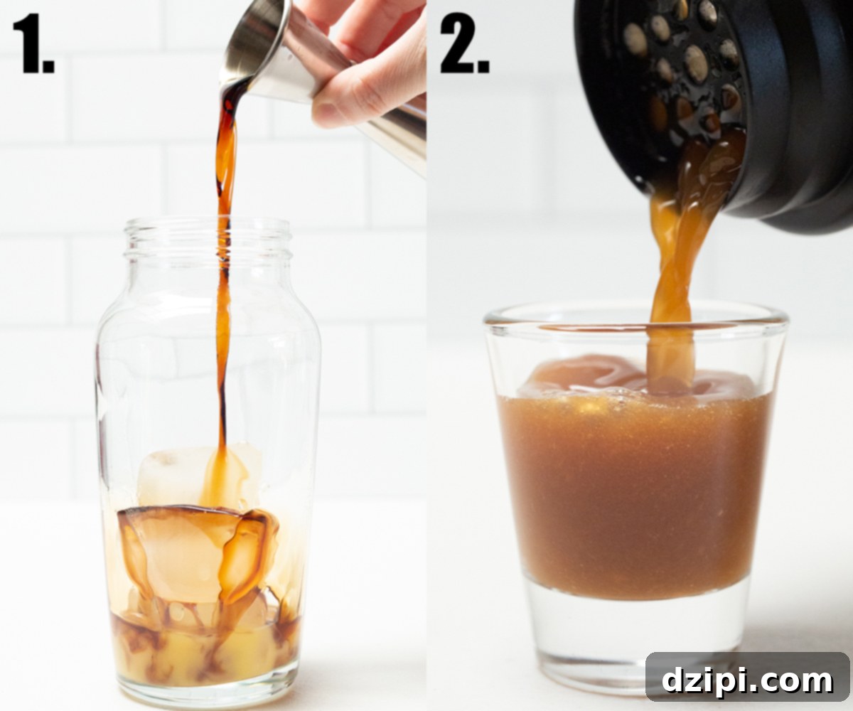 Velvet Candy Shot 4 A two-photo collage showing the steps to make a Tootsie Roll Shot: pouring ingredients into a shaker and then straining into shot glasses.