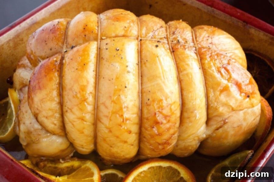 Sweet Tea Infused Southern Turkey Breast 3 Perfectly roasted Sweet Tea Brined Turkey Breast in a baking dish, garnished with fresh citrus for a festive presentation.