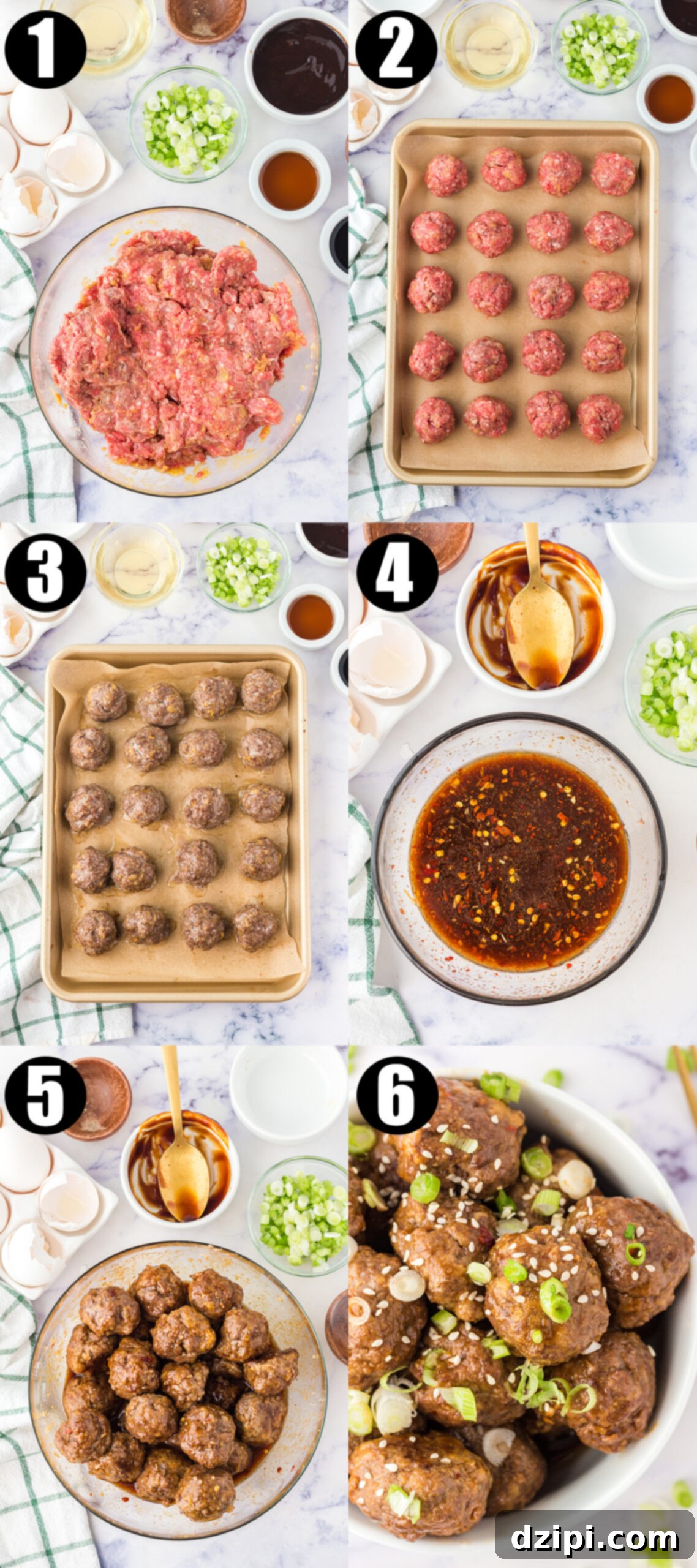 A six photo collage showing the steps to make Asian meatballs.