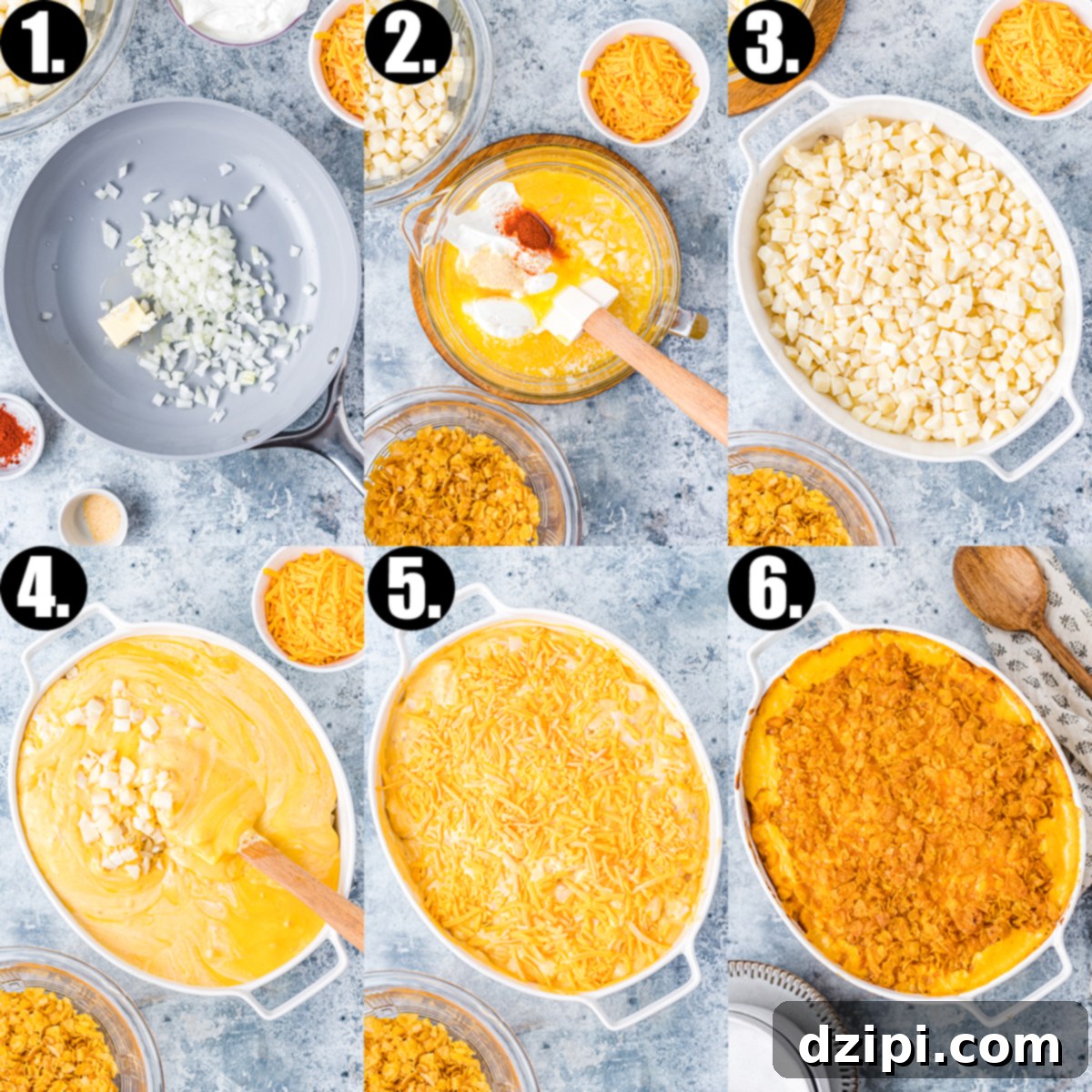 A collage of six photos showing the steps to make funeral potatoes.