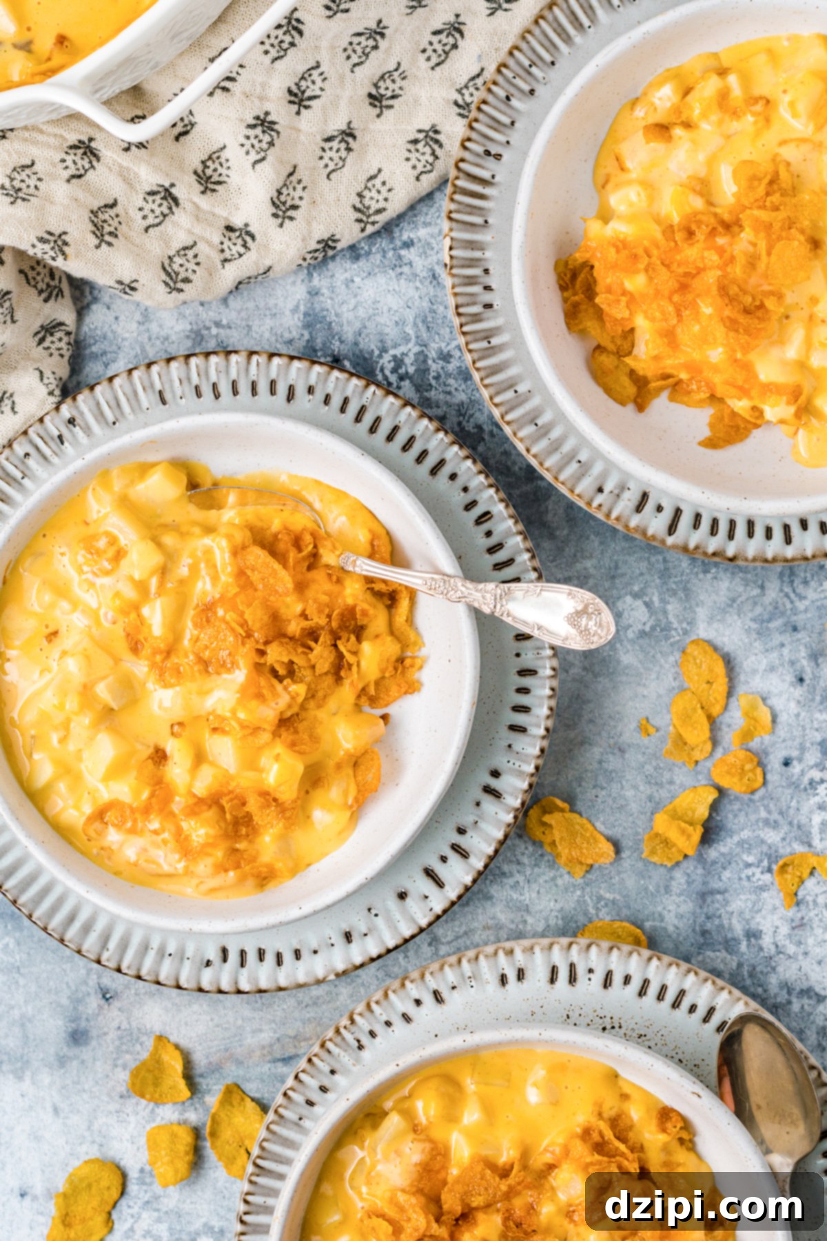 Three soup bowls each filled with a serving of funeral potatoes.