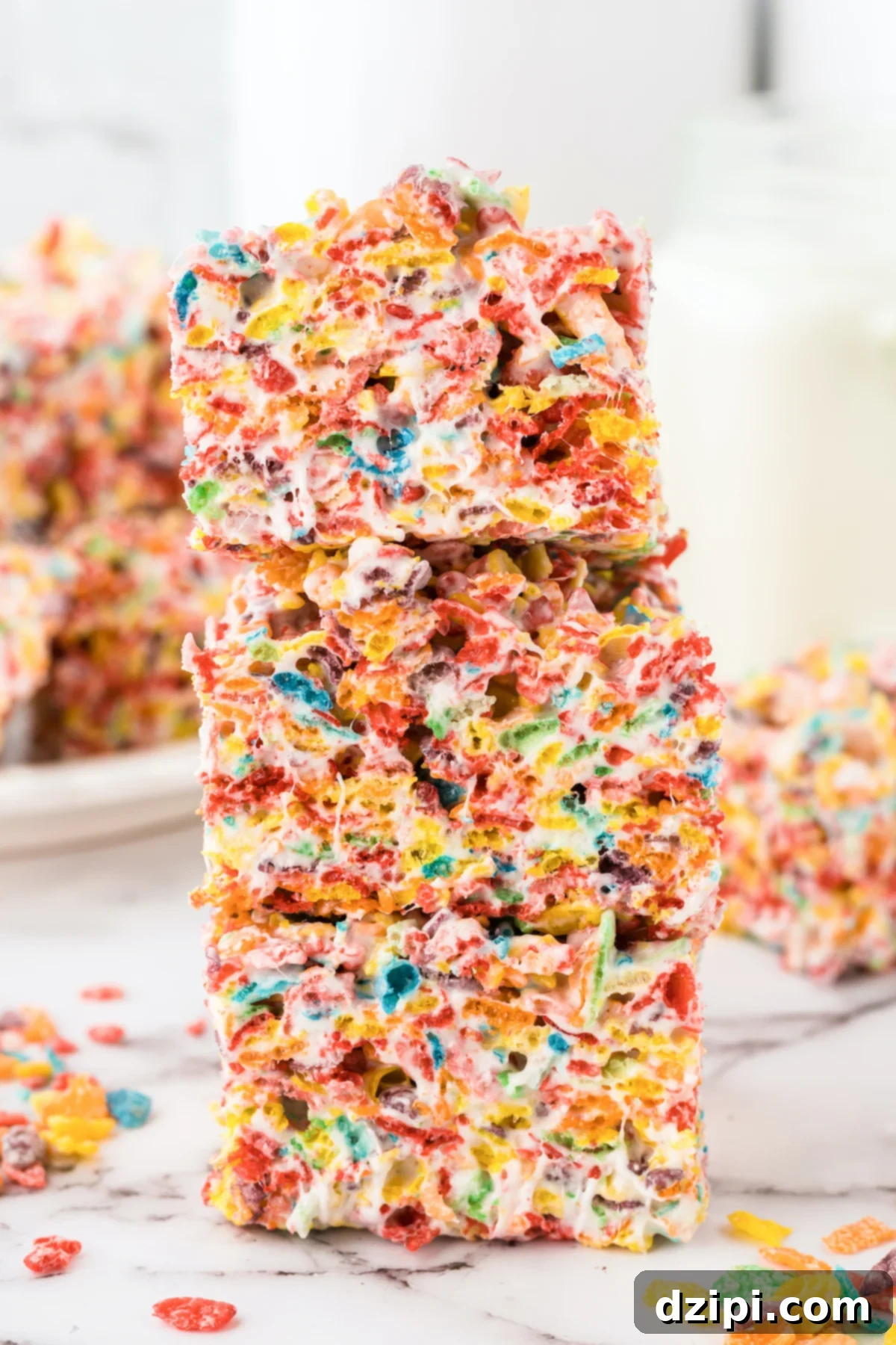 Three colorful Fruity Pebbles treat squares stacked on top of one another in front of a white background.