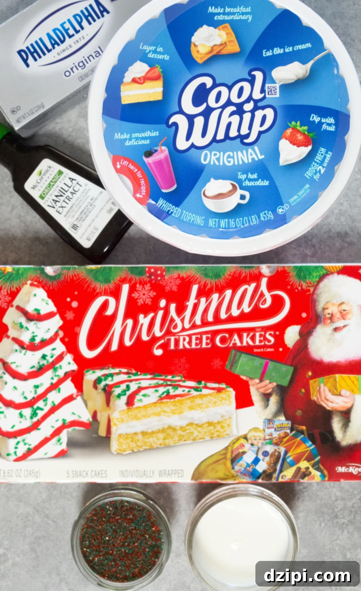 Holiday Tree Cake Dip 4 An overhead view capturing all the essential ingredients laid out neatly, ready to be transformed into the delicious Christmas Tree Cake Dip.