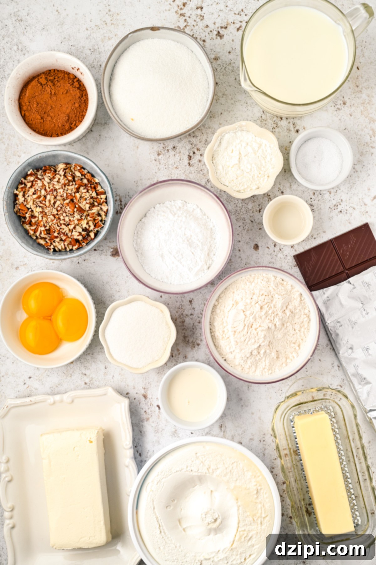 All the ingredients needed to make possum pie in prep bowls.