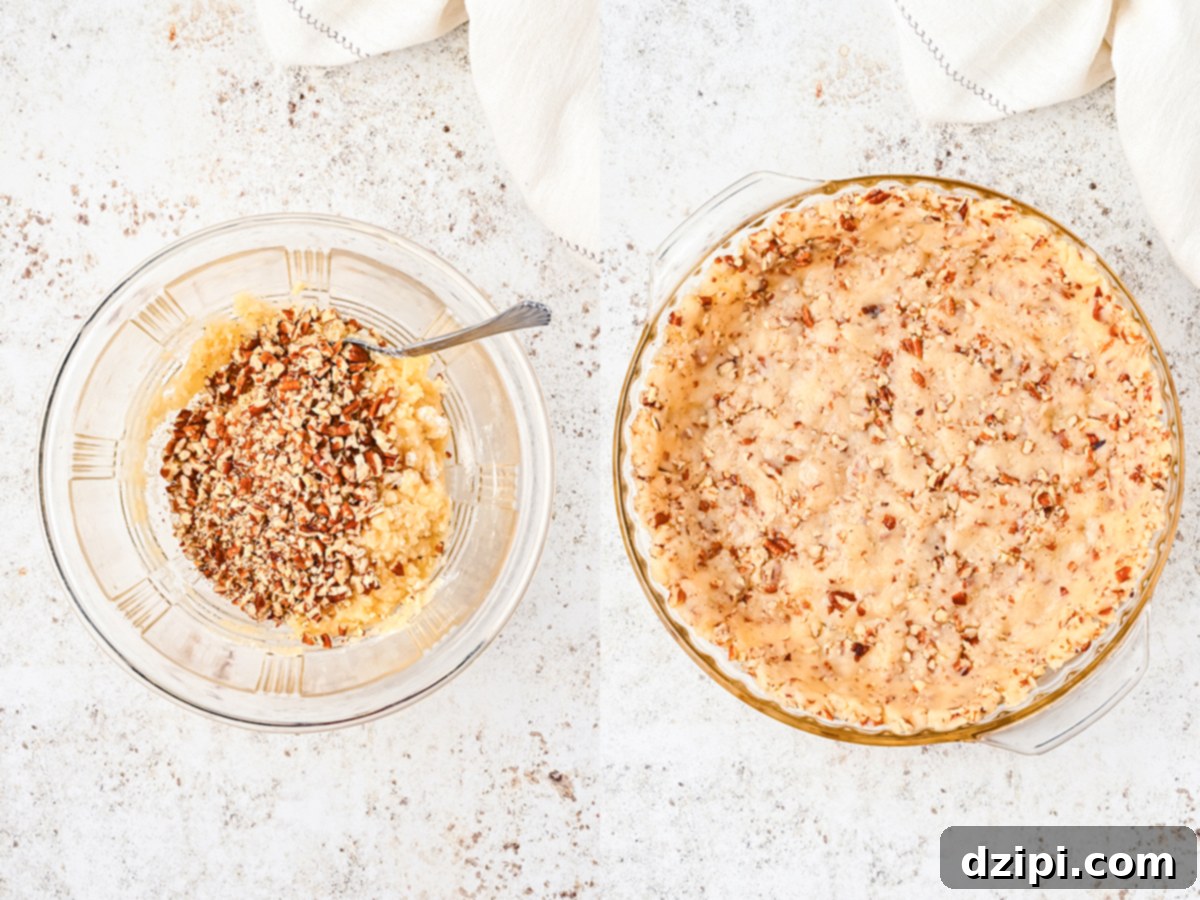A two photo collage showing the steps to make pecan shortbread crust. First photo shows ingredients mixed in bowl. Second shows the mixture pressed into a pie plate.