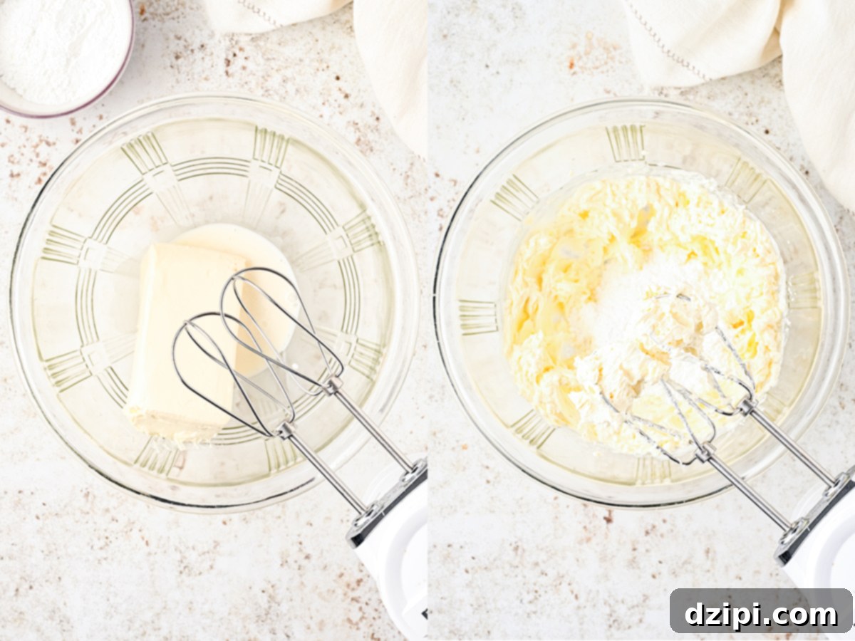 Photo collage showing the Possum pie cream cheese layer ingredients being added to a mixing bowl, then beat by a handheld mixer.