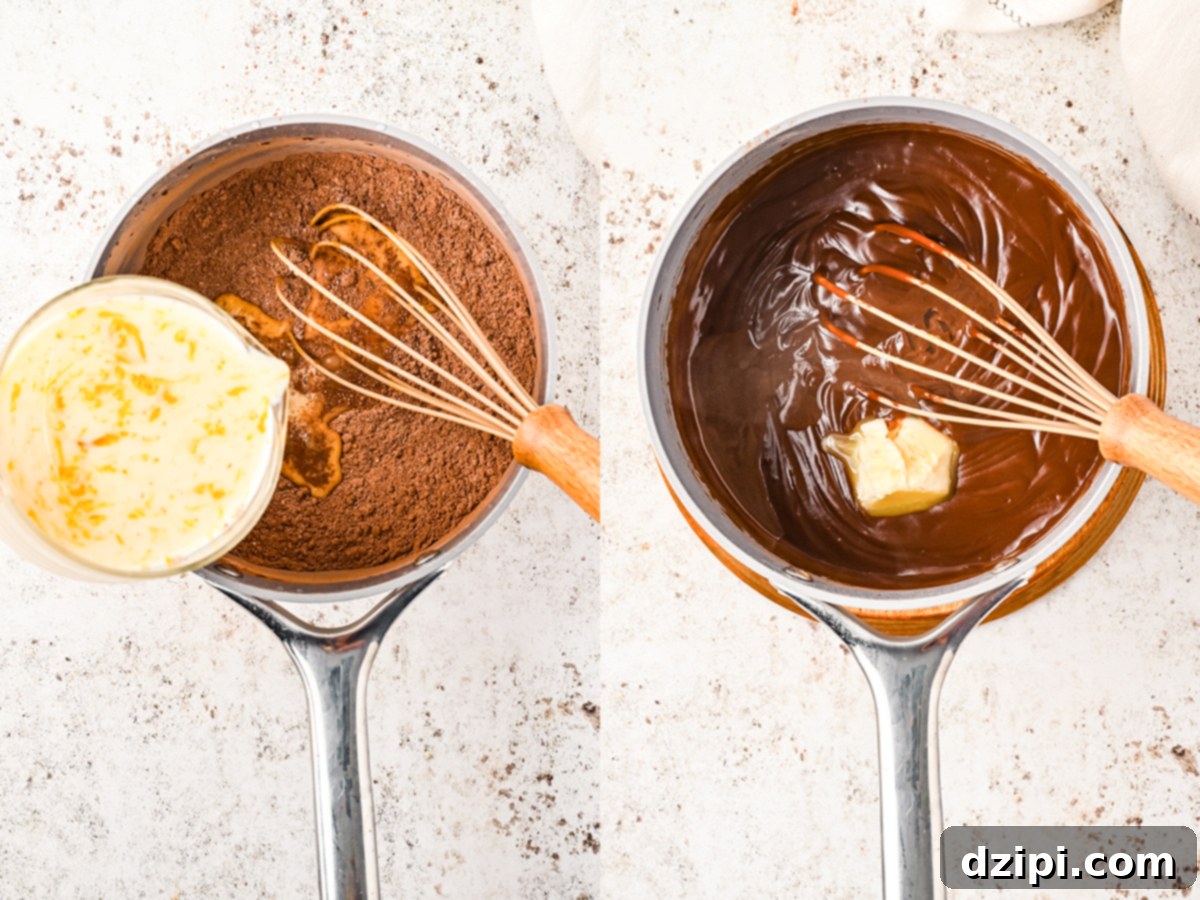 A two photo collage showing how to make this chocolate pudding layer in possum pie. First photo shows egg mixture being poured into cocoa mixture in sauce pan, second photo shows butter being whisked into the pudding.