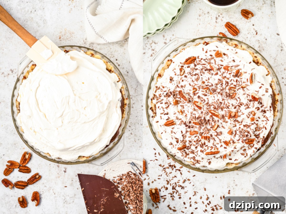 A two photo collage showing Cool Whip being spread on top of a possum pie and then chopped pecans and chocolate shavings on top of the whipped topping.
