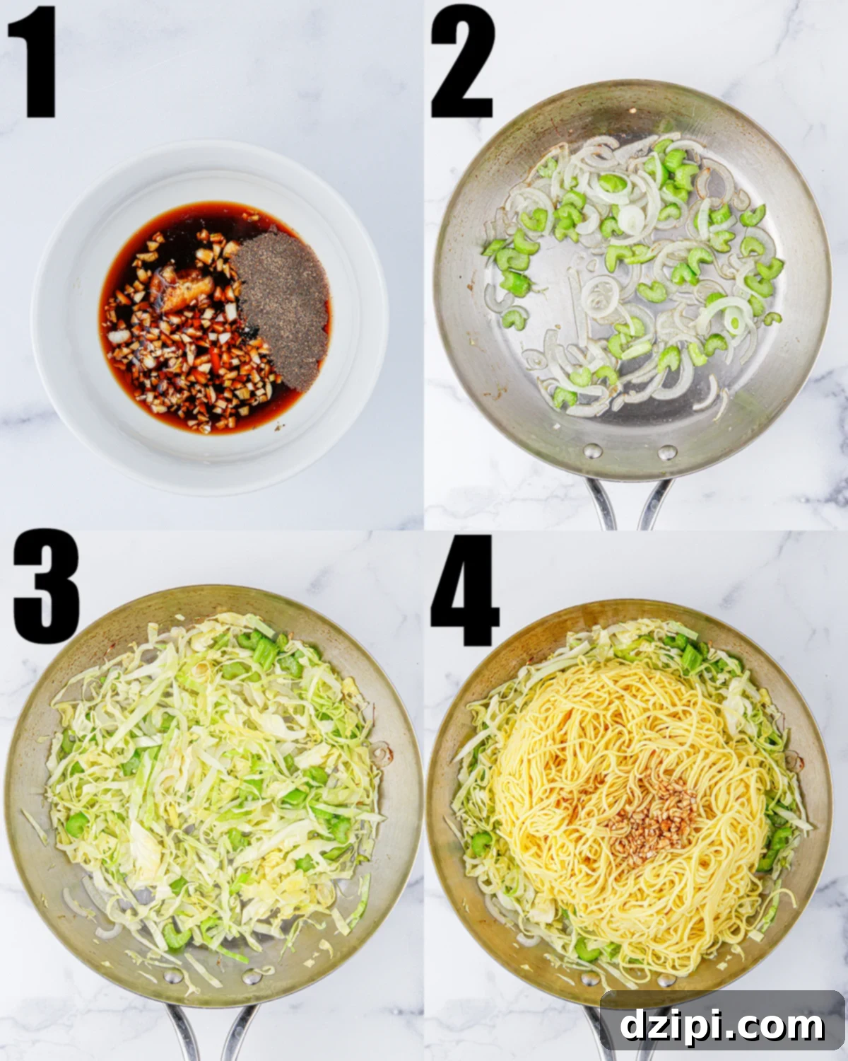 Iconic Panda Express Chow Mein 5 A four photo collage illustrating the easy steps to make copycat Panda Express chow mein at home.