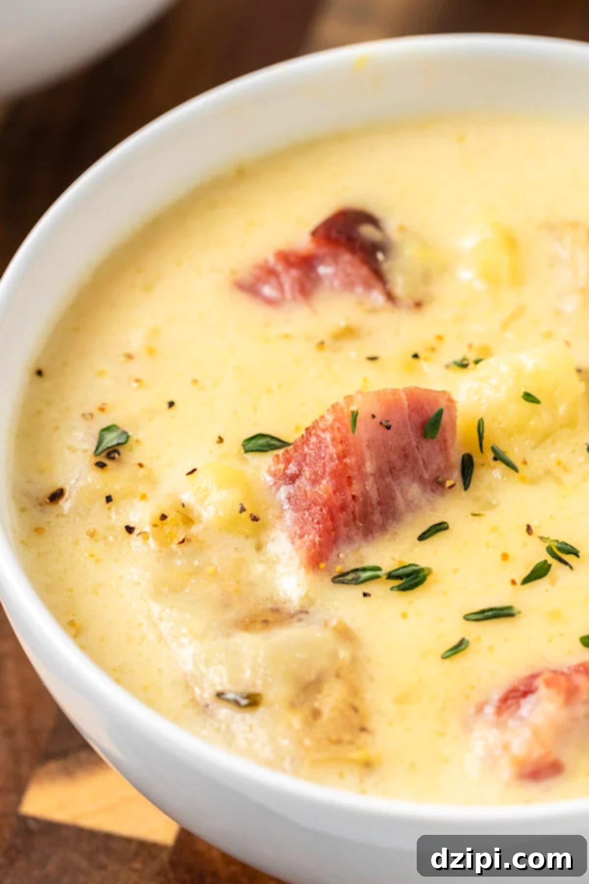 Close-up of a white soup bowl filled with a creamy, yellow Instant Pot soup, prominently featuring visible chunks of tender ham and soft potatoes, inviting a comforting meal.