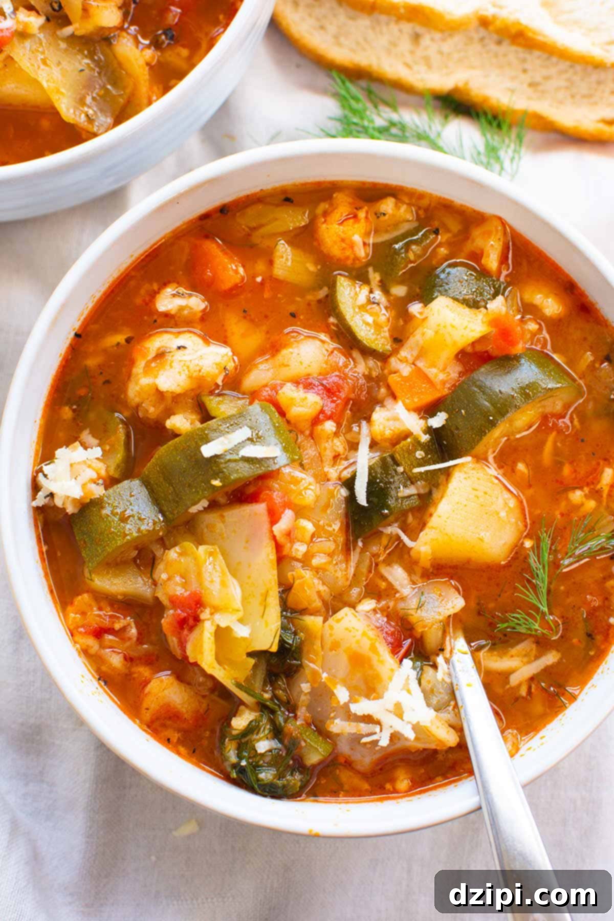 A hearty bowl filled with vibrant Instant Pot Vegetable soup, showcasing a rich medley of many different roughly chopped, garden-fresh vegetables in a clear broth.
