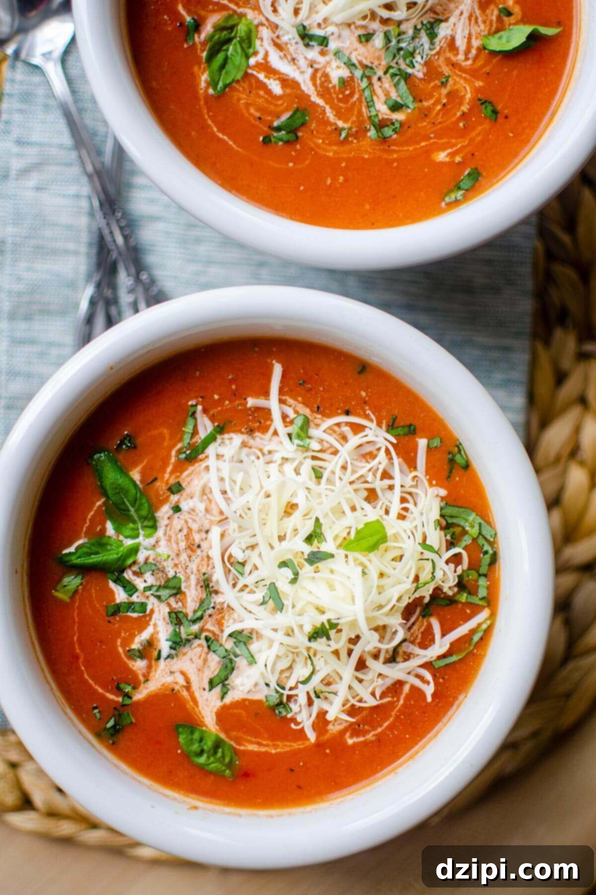 Overhead view of two pristine white soup bowls, each generously filled with vibrant red Instant Pot tomato soup, topped with a delicate sprinkle of shredded white cheese, creating an inviting presentation.