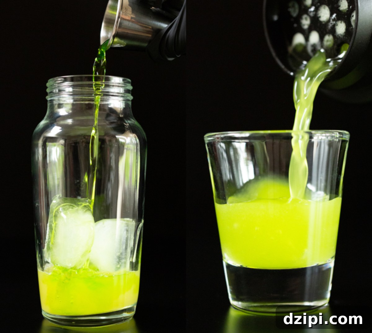 A two photo collage showing the ingredients for a Melon Ball going into a cocktail shaker then being strained into a shot glass.