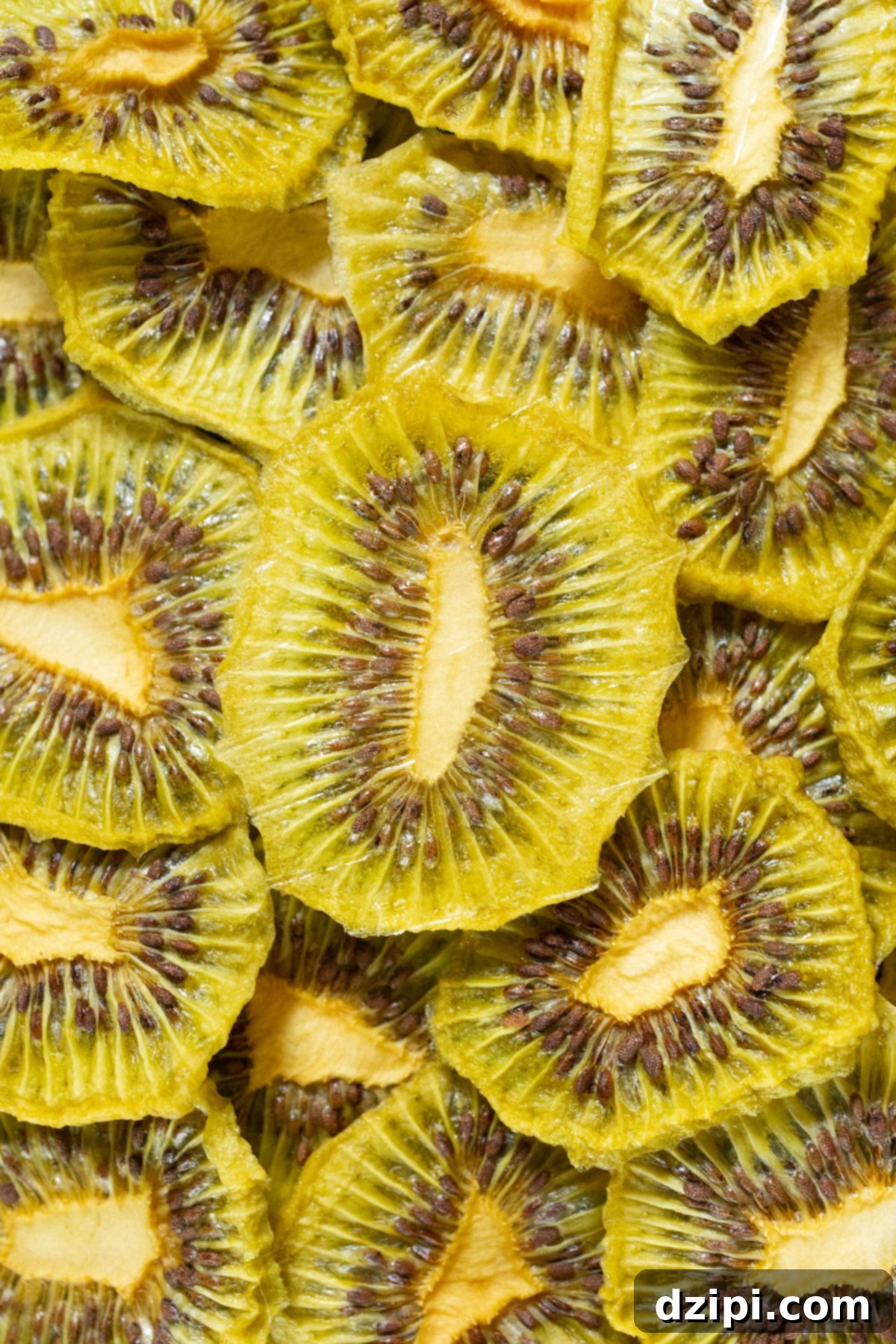 Close up of dozens of dehdyrated kiwi chips stacked on top of and around each other.