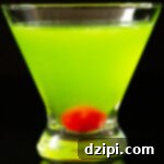 A stemless martini glass with a neon green Japanese Slipper cocktail on a black background.