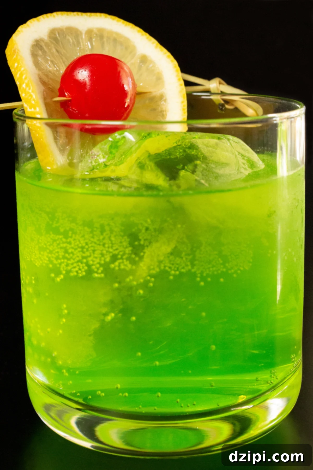 Radiant Melon Refresher 2 A lowball glass is filled with a neon green Midori Sour cocktail that is garnished with a lemon wheel and maraschino cherry.