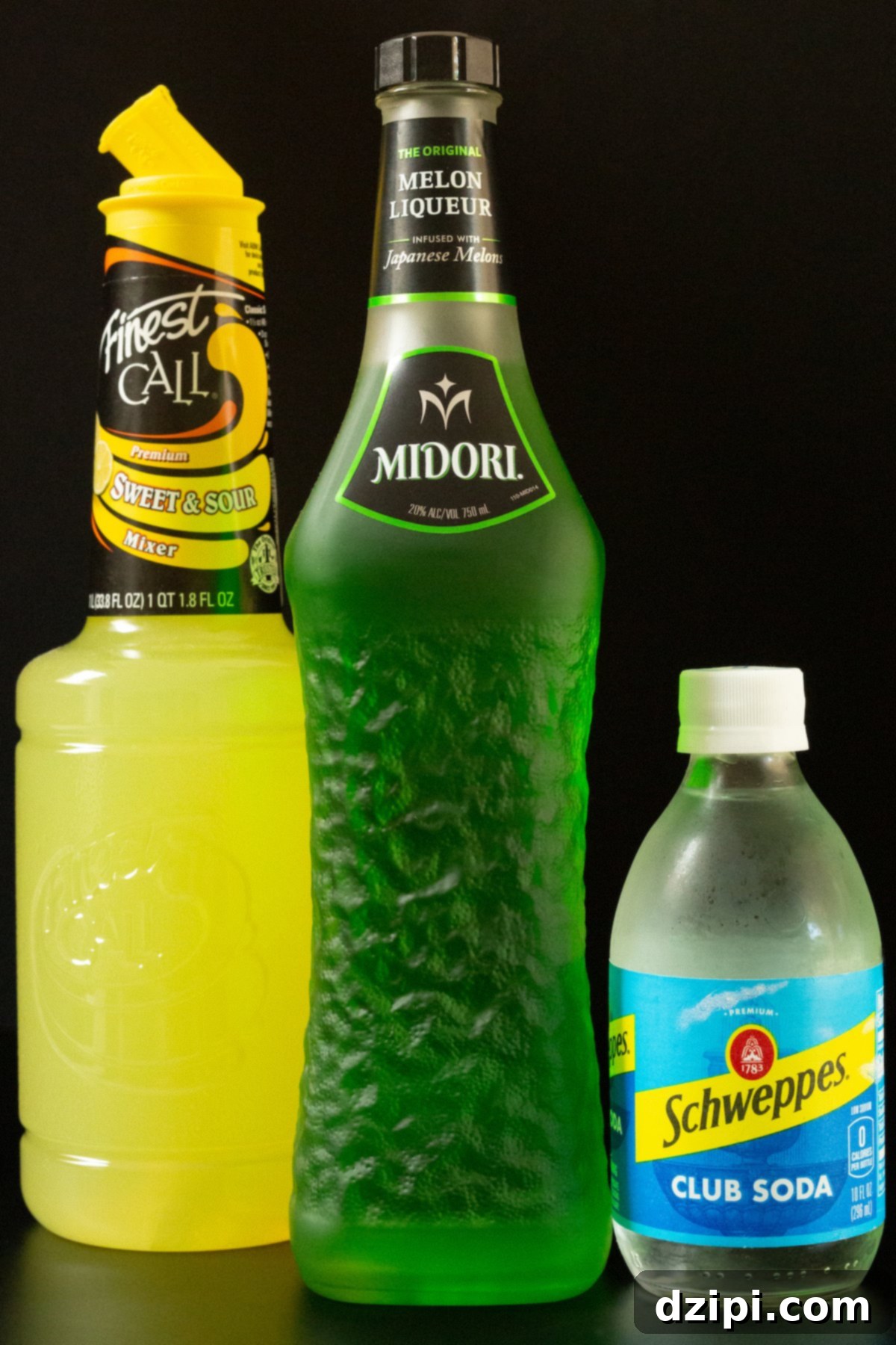 Radiant Melon Refresher 4 A bottle of sweet 7 sour mix, Midori, and club soda all on a black background.