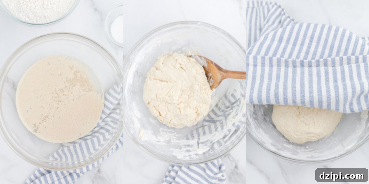 A three-photo collage illustrating the initial stages of dough preparation: 1. Yeast actively proofing in a mixing bowl. 2. Ingredients being combined into a cohesive dough. 3. The dough rising under a clean dish towel in a mixing bowl.