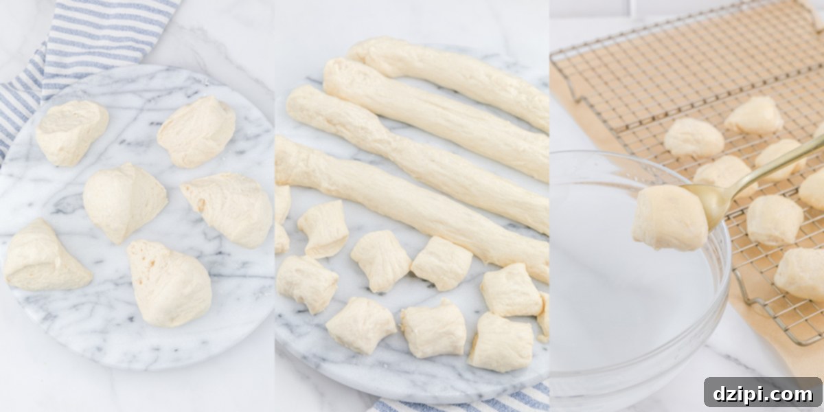 A three-photo collage demonstrating the transformation of dough into pretzel bites: 1. Dough divided into six equal sections. 2. Each section rolled into a 'snake' and then cut into 1-inch pieces. 3. A dough piece being carefully dipped into the prepared baking soda mixture.