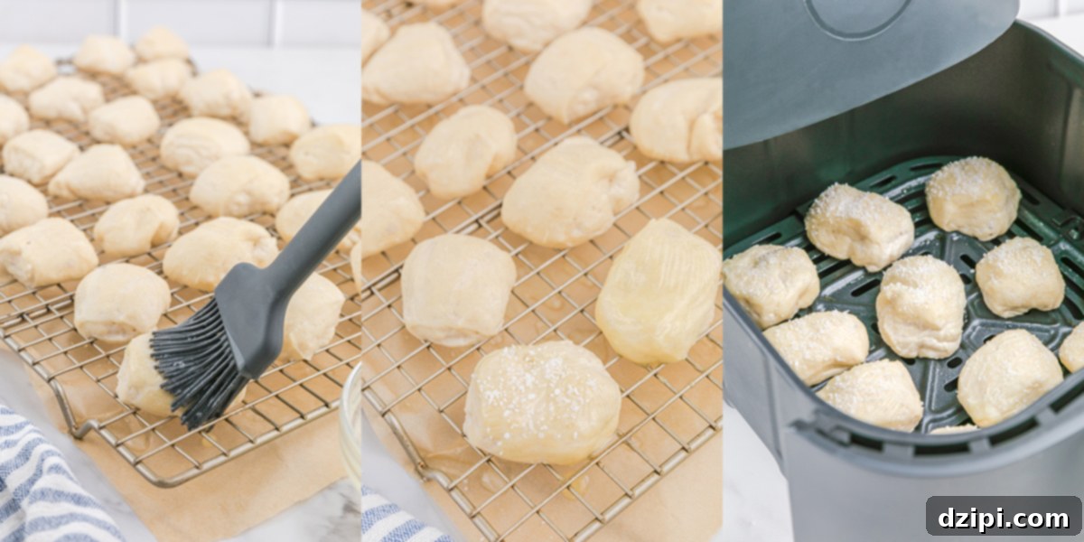 A three-photo collage detailing the final steps before air frying: 1. Brushing melted butter onto pretzel bite dough. 2. Sprinkling coarse sea salt generously over the buttered dough. 3. Arranging the prepared dough bites in a single layer within the air fryer basket.