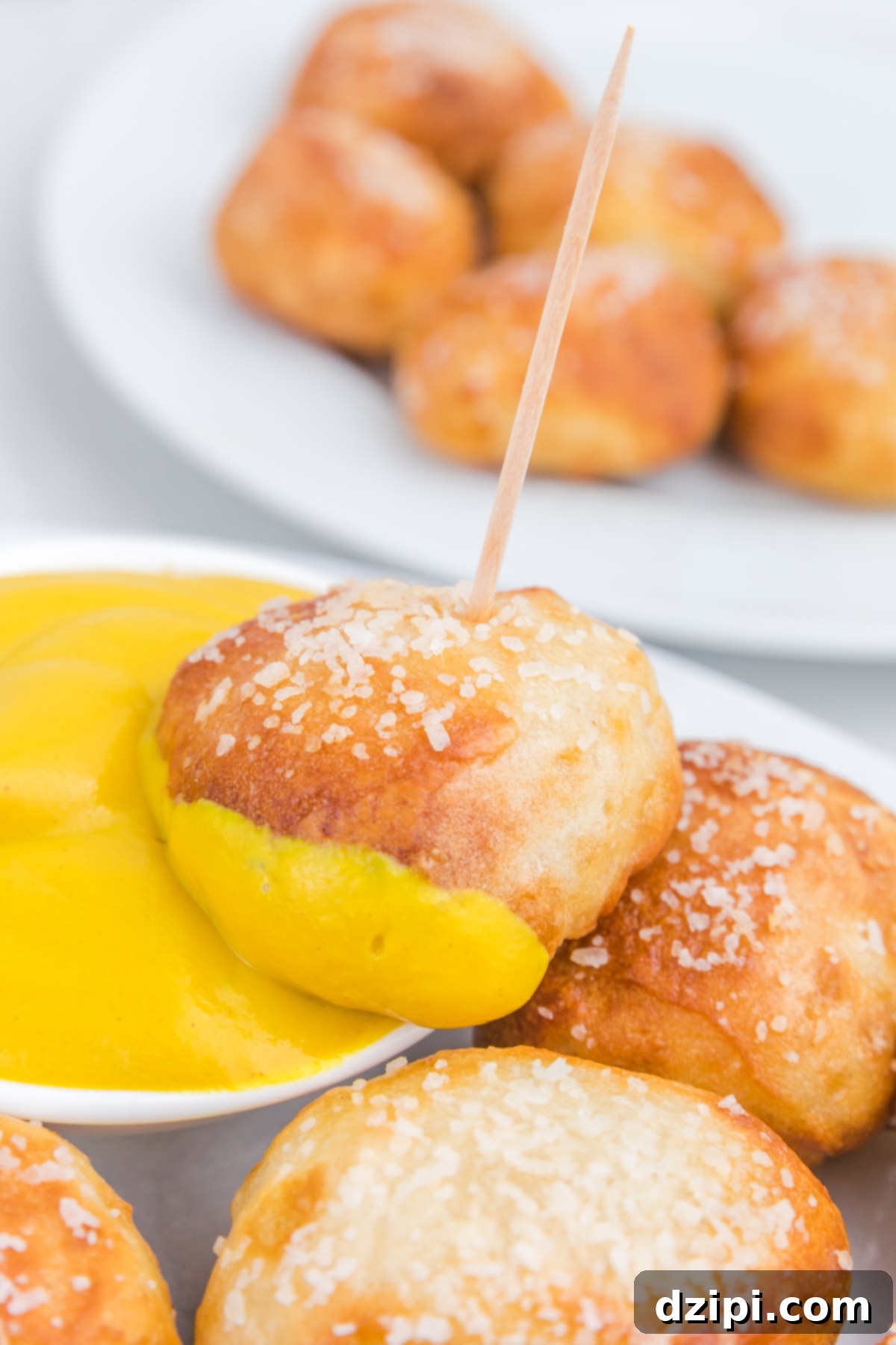 A single, perfectly golden-brown pretzel bite impaled on a toothpick, after being dunked into a dollop of vibrant yellow mustard.