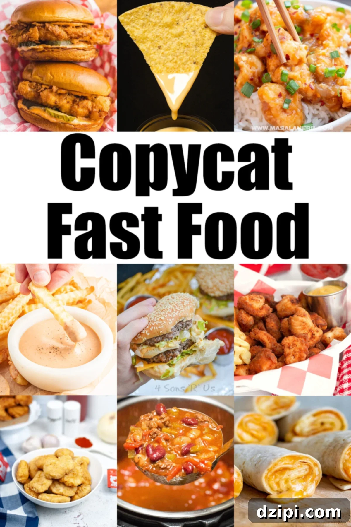 A vibrant photo collage showcasing a variety of beloved copycat fast food recipes, inviting viewers to recreate their favorite restaurant meals at home. Text overlay reads 'Copycat Fast Food'.